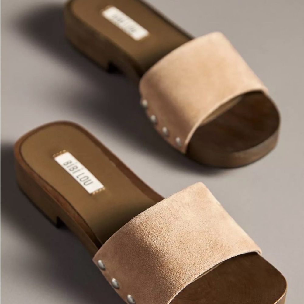 Bibi Lou Anthropologie Wood Bottom Slide Sandal Beige Neutral size 9.5 / 40